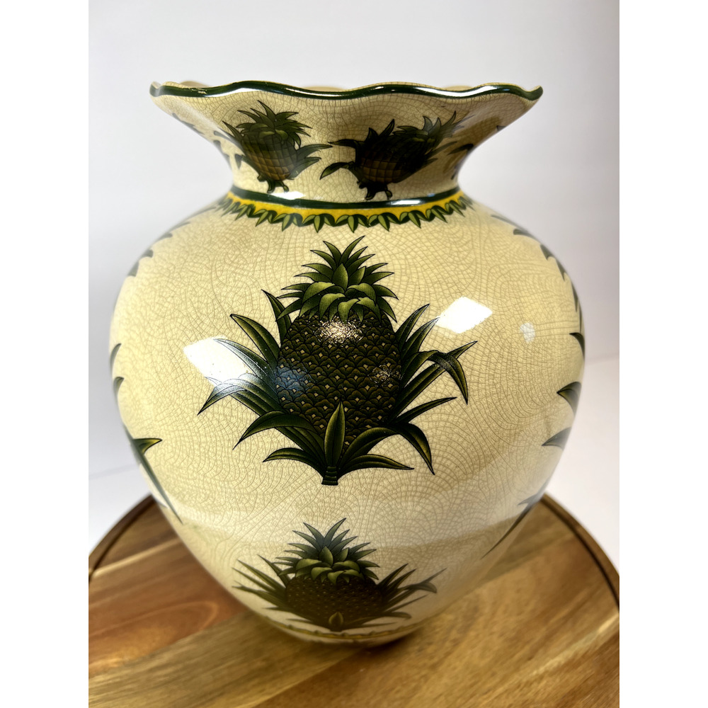 Pineapple Motiff 11x8" Large Chinese Vase B01‎ Green On Beige Wide Opening